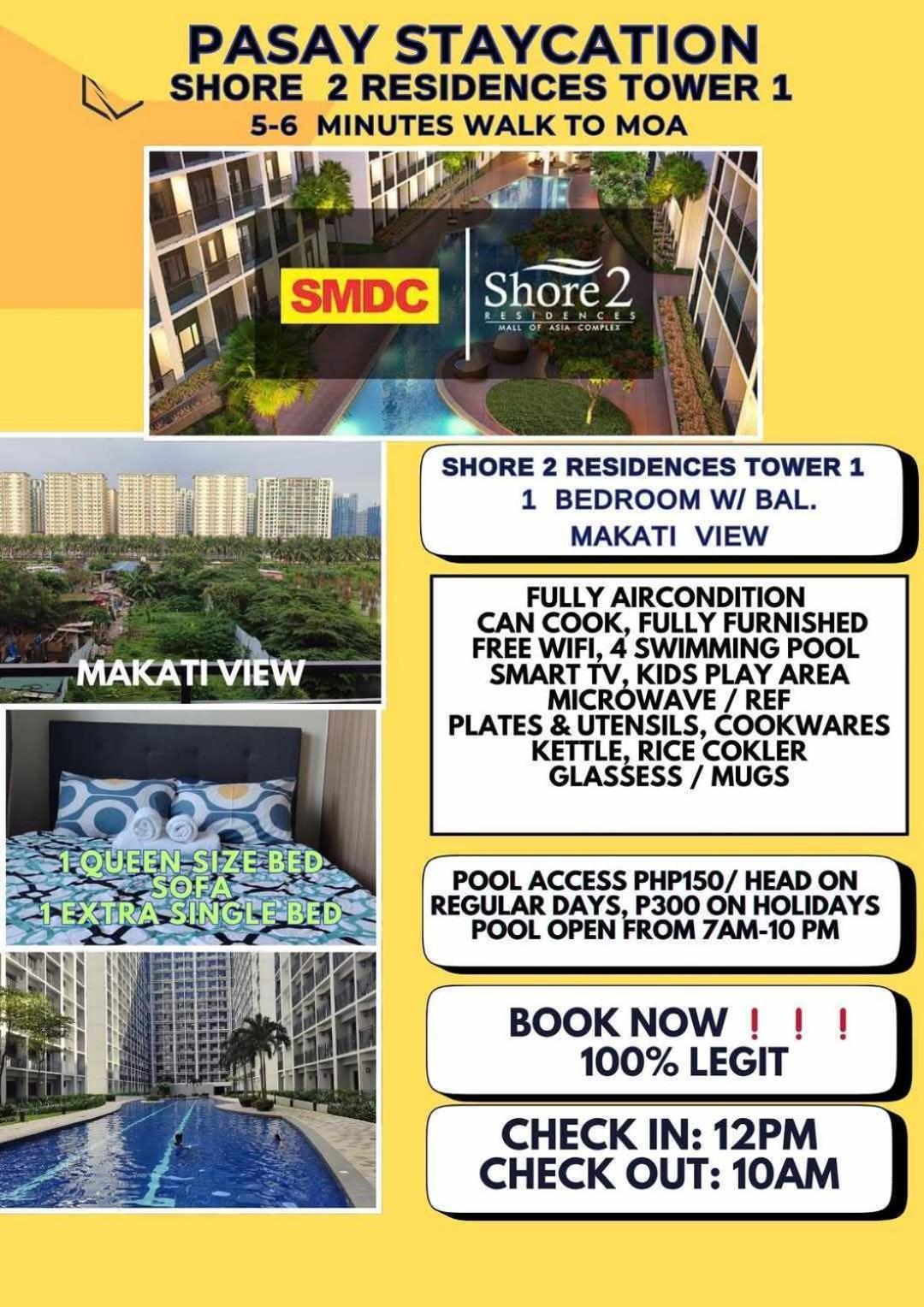 Shore 2 Tower 1 Staycation Near Moa, Picc, Starcity, World Trade, Smx, Moa Arena & Naia 123 Apartment *